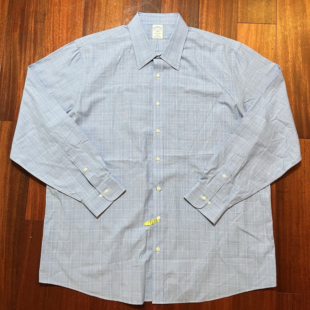 Brooks Brothers Shirt Mens 18 36/37 Blue Plaid Non Iron Regular Long Sleeve